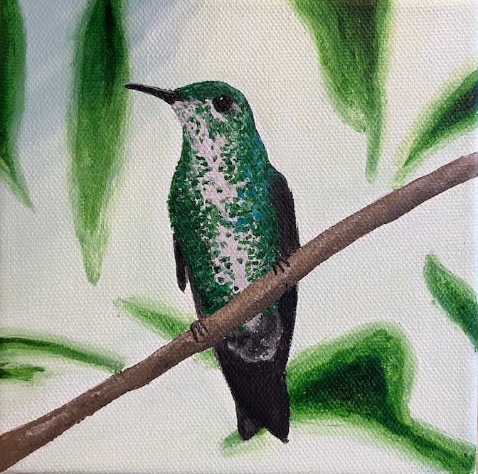 A painting of a hummingbird with green feathers and a white belly sits atop a small branch. Green leaves are in the background.