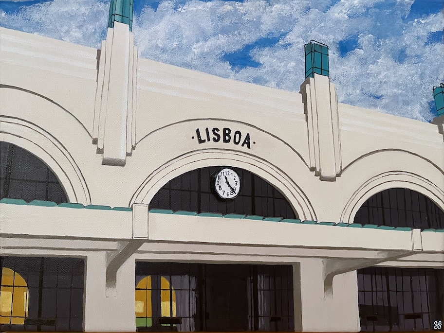Painting of a white building with a clock and pillars. The word Lisboa are painted over the clock. There are white and blue pillars