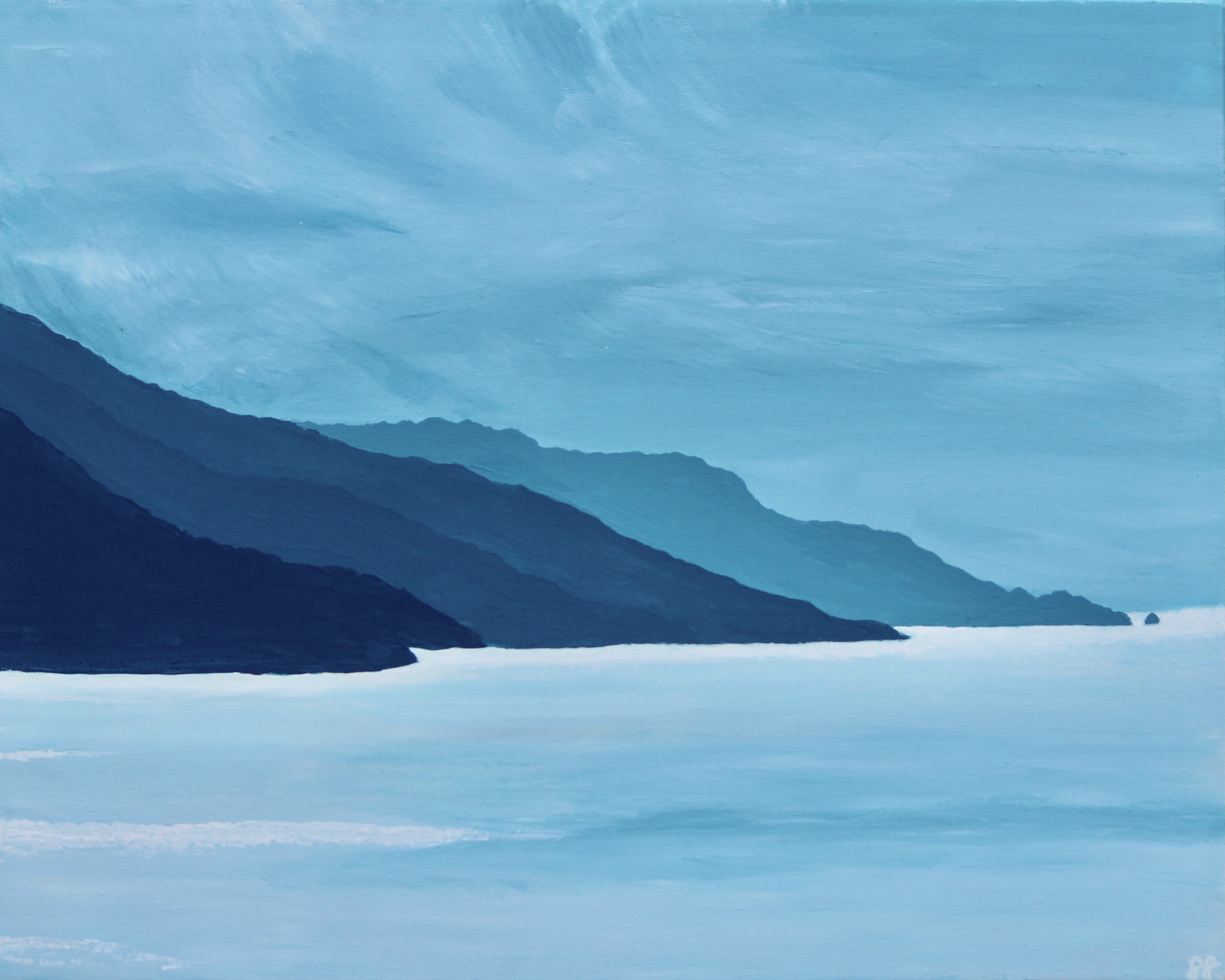 A painting showing mountains fading into the distance with blue sky and clouds above. There is water reflecting some light below