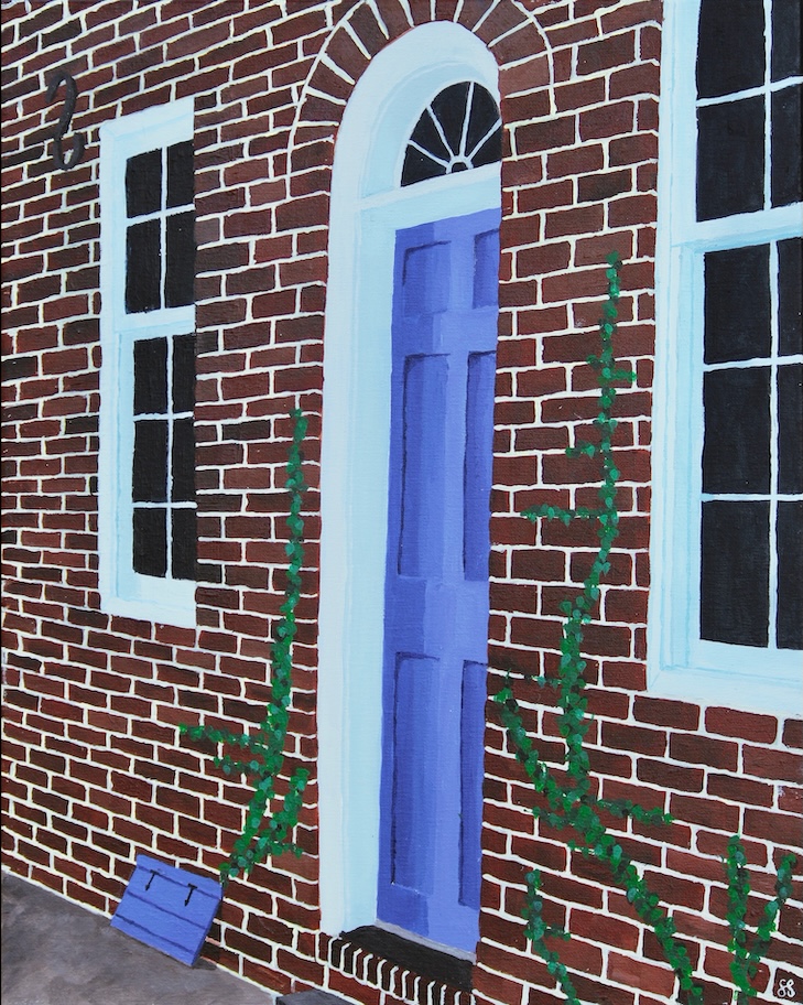 A painting of the entrance to a house with two windows and a purple door with an arched window above. Ivy is growing up the house